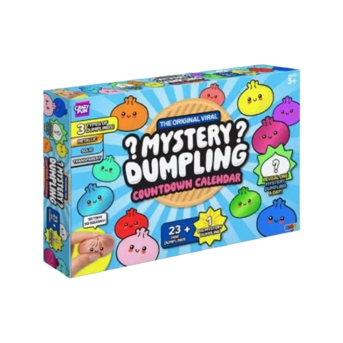 Front of the Mystery Dumpling Countdown Calendar box: colored squishy dumpling characters with faces surrounding the logo, with 3 types of dumplings, 23 mini dumplings plus 1 big mystery dumpling, and ages 3+ marked on the pack