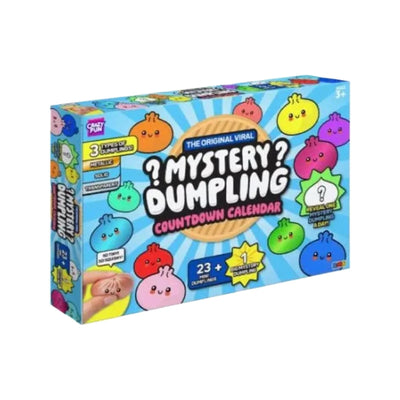 Front of the Mystery Dumpling Countdown Calendar box: colored squishy dumpling characters with faces surrounding the logo, with 3 types of dumplings, 23 mini dumplings plus 1 big mystery dumpling, and ages 3+ marked on the pack